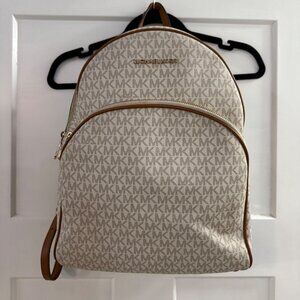 Michael Kors Signature MK Logo Backpack Beige/Brown Adjustable Straps Zip Closur